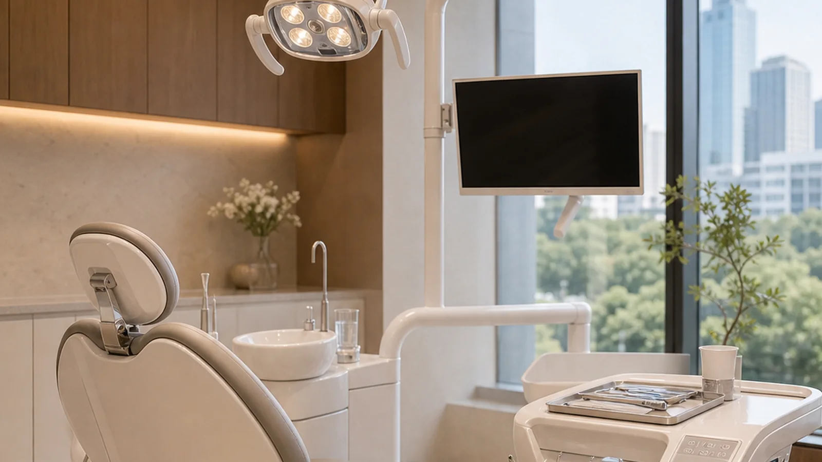 A warm, premium Seoul treatment room set up for full-arch implant work
